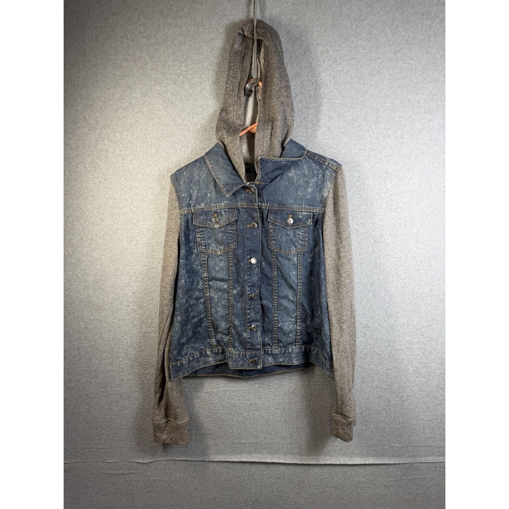 Relativity Jacket Womens Large Blue Denim Hooded Knit Sleeves Washed Casual